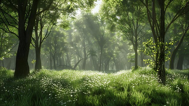 Photo une forêt verdoyante avec un sous-bois vert vibrant et une variété de fleurs sauvages