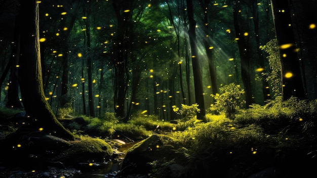 Forêt vert foncé avec de nombreuses lucioles jaunes