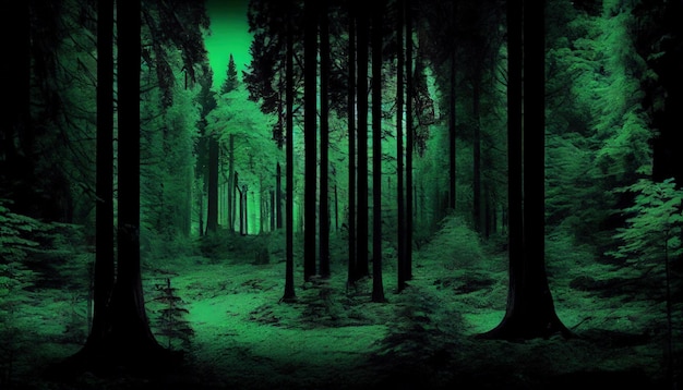 Une forêt vert foncé remplie de beaucoup d'arbres AI générative