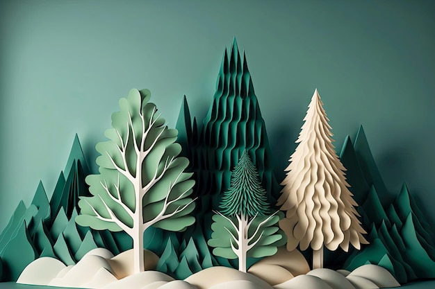 Forêt verte avec des arbres de noël et des arbres paysage d'hiver en papier