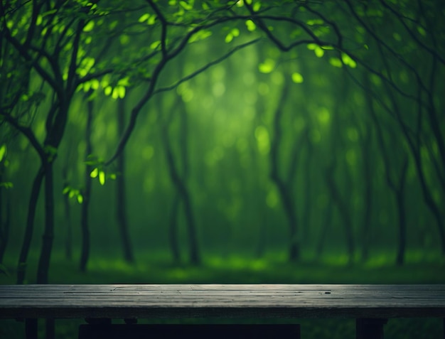 Une forêt verte avec un banc au premier plan et un fond vert avec des arbres en arrière-plan.