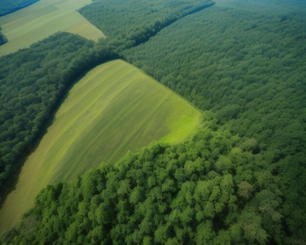 Une forêt verte avec un champ vert et des arbres