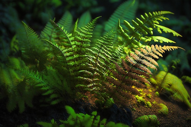 Une forêt verte dense avec des fougères projetant des ombres sur le sol de la forêt