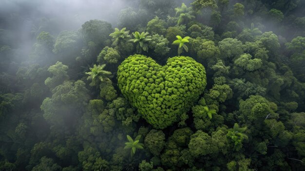 Forêt verte avec forme de cœur beau paysage avec des nuages blancs environnement amour planète conceptxA
