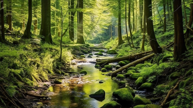 Forêt verte sur la lumière du soleil avec ruisseau forestier Generative AI