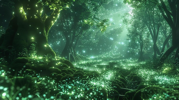 La forêt verte et luxuriante est éclairée par une douce lumière magique.