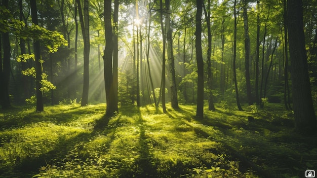 Forêt verte luxuriante avec la lumière du soleil filtrant à travers les arbres mettant en évidence la beauté et l'importance de la préservation des écosystèmes naturels