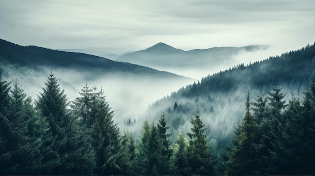 Forêt verte et montagne dans le brouillard paysage brumeux sombre