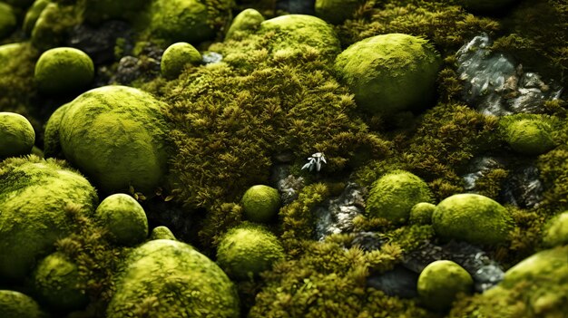 Une forêt verte avec de la mousse dessus et une petite silhouette blanche au sol.