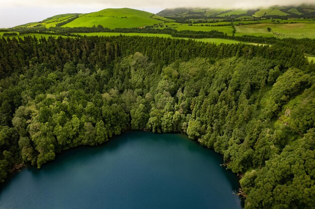 Forêt verte près d'un lac calme dans les hautes terres