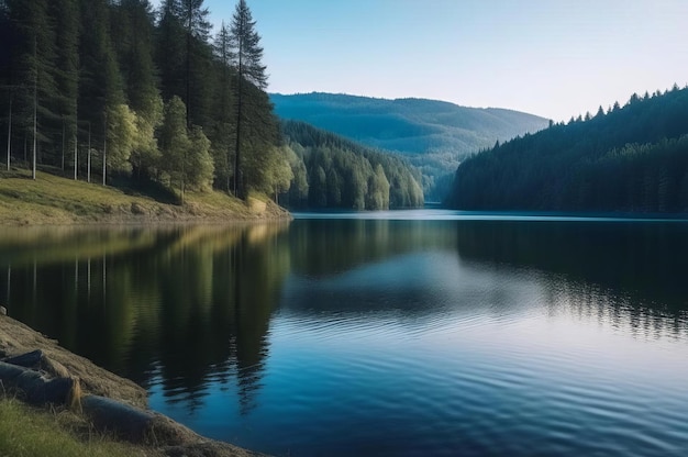 Forêt verte sur la rive d'un lac de montagne