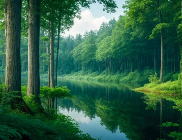 Une forêt verte sereine et un paysage lacustre