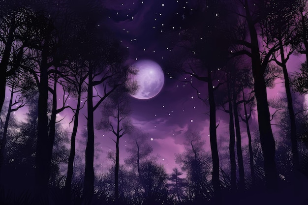 Forêt violette foncée la nuit avec la lune et les étoiles dans le ciel créées avec une IA générative