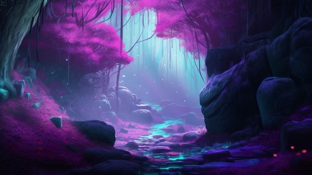 Une forêt violette avec une rivière au milieu