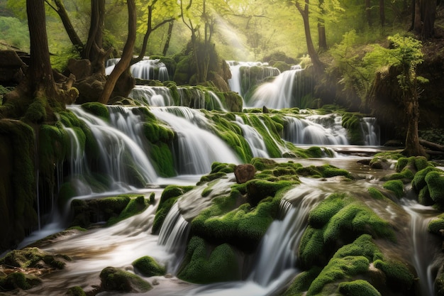 Forêt avec vue sur une cascade en cascade paisible et purifiante créée avec une IA générative