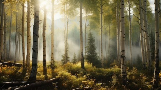 Photo les forêts d'aspen atmosphériques renderings photoréalistes des pins éclairés par le soleil