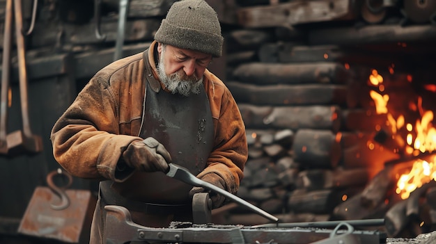 Photo le forgeron barbu en tenue de protection travaille à l'enclume dans sa forge les étincelles volent alors qu'il frappe le métal chaud