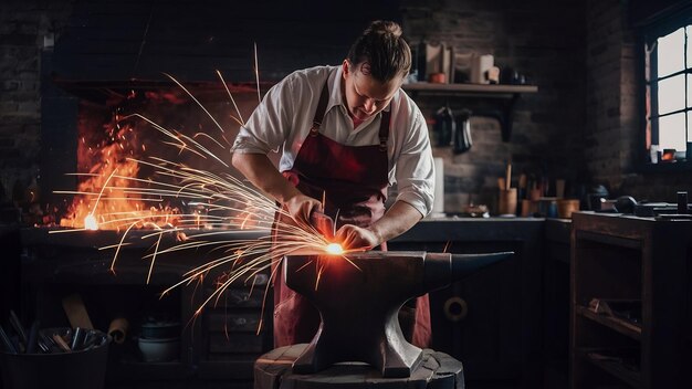 Le forgeron forge manuellement le métal rouge chaud sur l'enclume dans la forgerie avec des feux d'artifice.