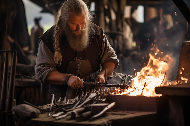 Le forgeron viking travaille dans la forge sur un banc de travail IA générative