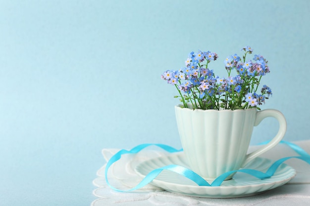 Forget-me-nots fleurs en coupe, sur fond bleu