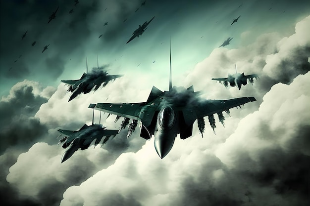 Formation d'avions destroyers flottent dans le ciel pendant la bataille de l'aviation Art généré par le réseau de neurones