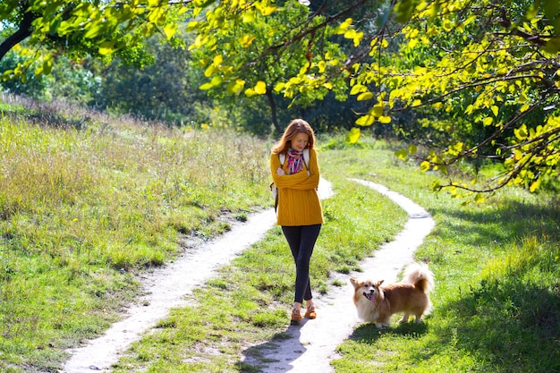 Formation - corgi fille et chien marchant dans le parc