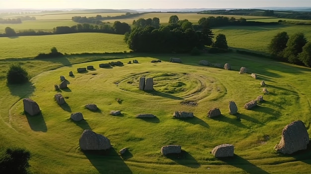 La formation énigmatique du cercle de pierres cache d'anciens secrets et des contes du passé invitant à la spéculation et à la contemplation sur le culturel Généré par l'IA