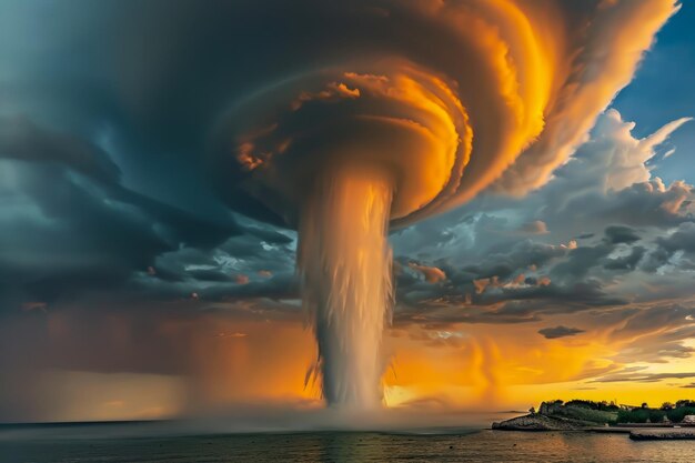 Photo formation de nuages de tempête majestueux au-dessus du paysage côtier au coucher du soleil avec un ciel spectaculaire