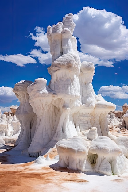 une formation rocheuse blanche avec un ciel bleu et des nuages