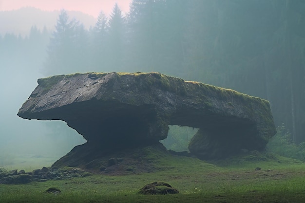 Formation rocheuse mystique dans la forêt brumeuse au lever du soleil