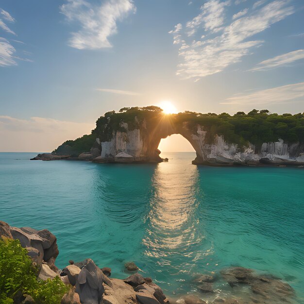 Photo une formation rocheuse avec le soleil qui brille dessus