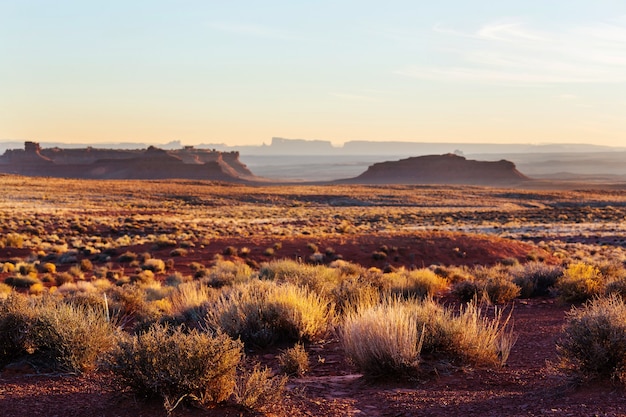 Formation rocheuse de la Vallée des Dieux avec Monument Valley au lever du soleil