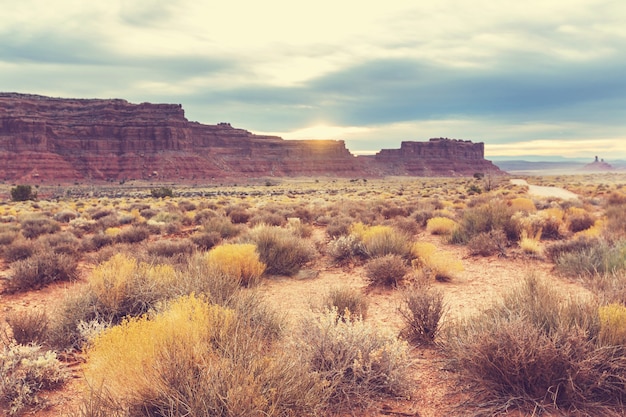 Formation rocheuse de la Vallée des Dieux avec Monument Valley au lever du soleil