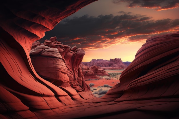 Formations rocheuses rouges incurvées lisses avec des tons de ciel coucher de soleil créés avec ai générative