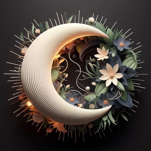 forme 3D abstraite moitié soleil moitié lune feuillage et fleurs incorporés émettant de la lumière arrière-plan noir
