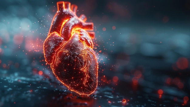 La forme abstraite d'un cœur humain rouge Un concept médical dans les soins de santé Un design de style low poly basé sur des principes géométriques Une structure de wireframe légère en arrière-plan Un concept graphique moderne
