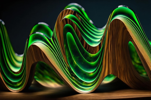 Forme abstraite de flux ondulé faite d'une magnifique surface en bois et en verre.