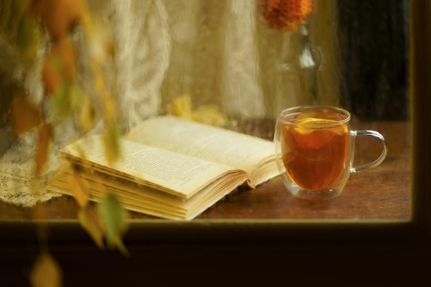 Forme d'automne Branches de bouleau jaunies à travers une fenêtre humide et pluvieuse Livre et thé au citron Confort à la maison par mauvais temps