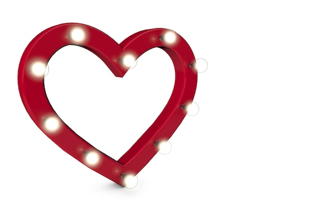 Forme de coeur d'amour rouge avec des ampoules lumineuses autour du bord 3D