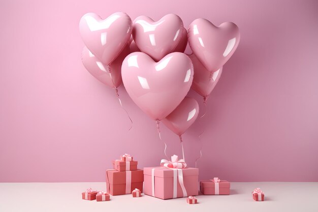 forme de cœur de ballon dans un studio rose avec des boîtes-cadeaux