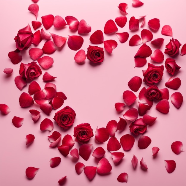 Photo la forme d'un cœur créée à l'intérieur de pétales de roses rouges roses éparpillés