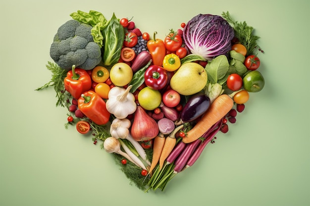Forme de coeur créée avec des légumes frais sur fond pastel isolé