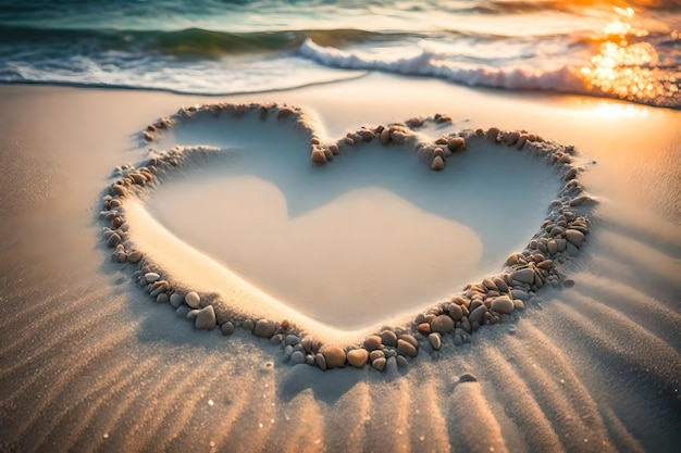 forme de cœur dans le sable avec le soleil qui se couche derrière lui