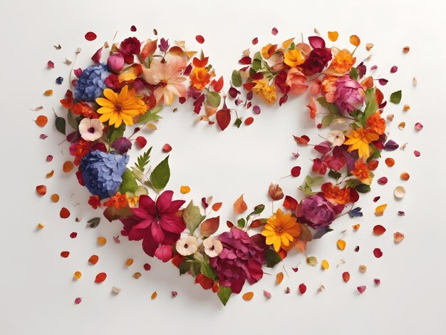 Photo la forme d'un coeur dessiné avec une multitude de feuilles et de fleurs colorées sur fond blanc