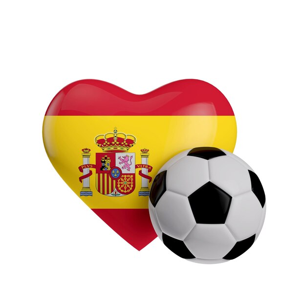 Forme de coeur de drapeau de l'Espagne avec un ballon de football amour football rendu 3D