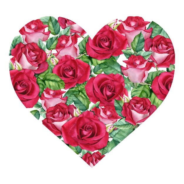 Photo forme de cœur avec des fleurs et des feuilles de roses rouges illustration à l'aquarelle pour le mariage de la saint-valentin