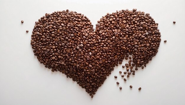 En forme de cœur en grains de café sur fond blanc