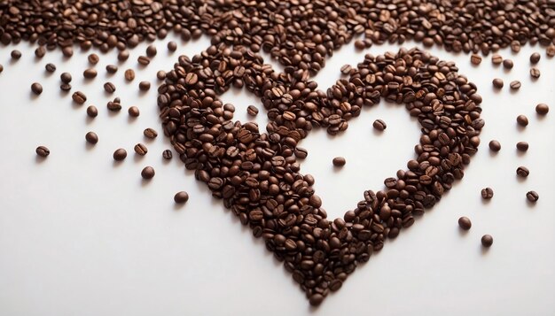 En forme de cœur en grains de café sur fond blanc