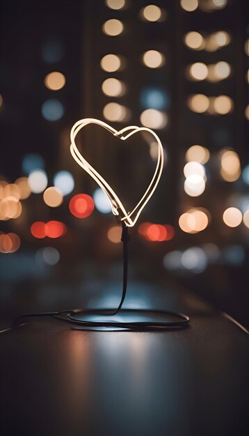 Une forme de cœur sur une table devant le bokeh de la ville nocturne