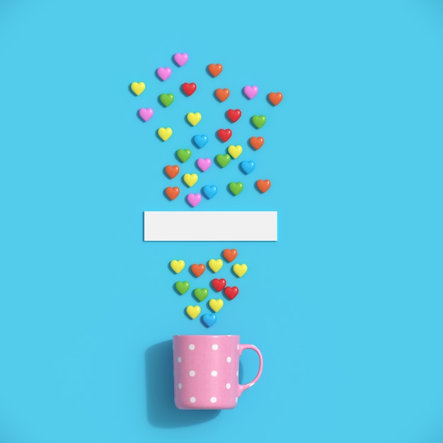 Forme de coeurs colorés avec une tasse rose sur fond bleu. idée de concept de Saint-Valentin minimal.